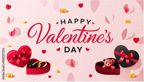 Valentine's Day celebration with heart shaped gifts and teddy bear