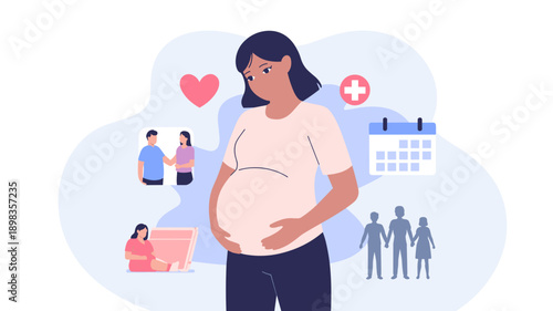 Pregnant woman gently holding her belly surrounded by family support, medical care and prenatal planning icons concept