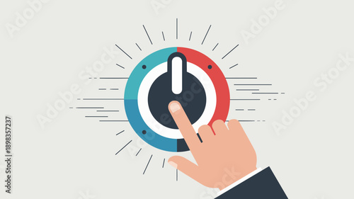 Hand pressing power button icon representing system activation, startup control and digital on off concept