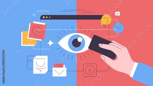 Hand erasing digital eye on screen representing data privacy, online tracking removal and user control concept