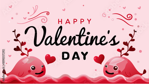 Cute Valentine's Day jellyfish with hearts and smiling faces