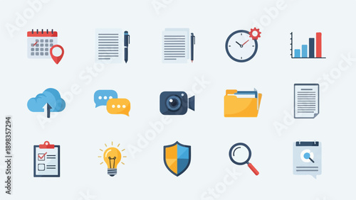 Collection of flat design, colorful icons representing various concepts