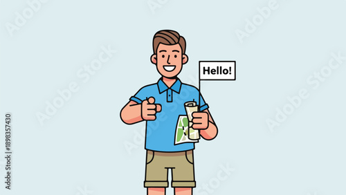 Animated person pointing, holding a map, with a "Hello!" flag
