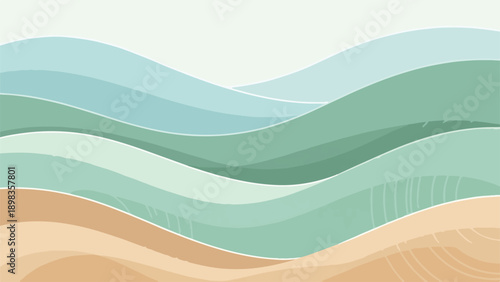 Abstract landscape of rolling hills in shades of green and tan