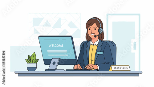 A woman in a headset at a desk with computer and signage