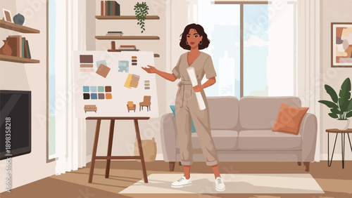 A woman in a jumpsuit presenting interior design ideas with a mood board