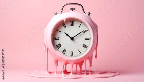 Pink alarm clock melts and drips, forming a liquid puddle on a matching monochrome background The surreal imagery evokes concepts of time flowing away