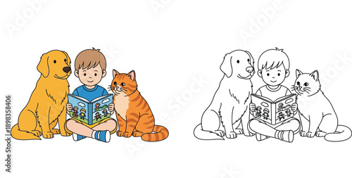 Cute cartoon boy reading book with pet dog and cat friend including black and white outline for coloring page.