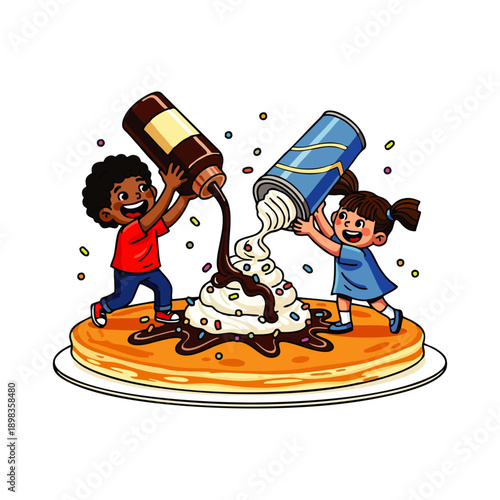 Two children pouring chocolate and whipped cream toppings on a pancake against a clean white background with a playful mood.
