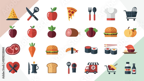 Collection of flat-design food and cooking-related icons on a white background