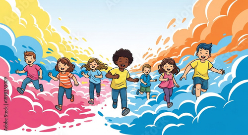 Happy Children Running in Colorful Powder on White Background, Celebrating Holi Festival