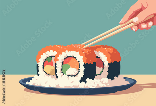 Sushi roll using chopsticks to eat rice Cannibalism irony Flat