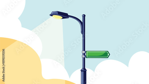 Tall street lamp post with an empty green directional sign set against a soft morning sky background.