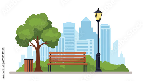 Relaxing public park scene with a wooden bench, a large tree, and a street lamp against a city skyline.