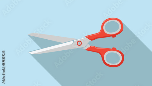 Pair of open steel scissors with bright red and grey ergonomic handles shown on a light blue background with a soft shadow.