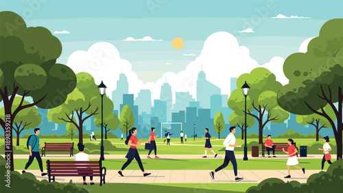 Vibrant flat vector landscape of a city public park with diverse people walking, running, and relaxing among trees and benches.