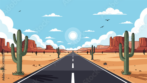 Wide open desert landscape with a long asphalt road stretching through cactus fields toward red rock monuments in the distance.
