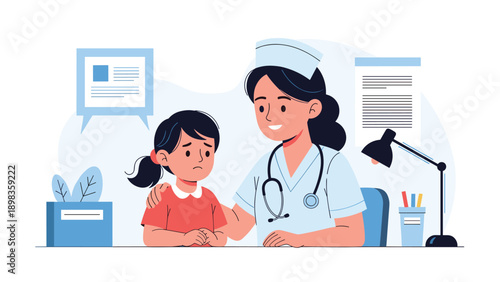 Kind female nurse in uniform comforting a worried young girl during a medical consultation at a healthcare clinic office desk.
