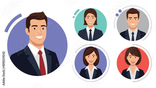 Corporate team profile icons featuring one large male portrait and four smaller male and female colleague avatars in circles.