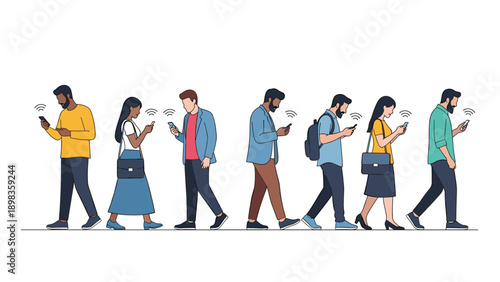 Line of diverse people walking in the same direction while focused on their smartphones with digital wireless signals above.