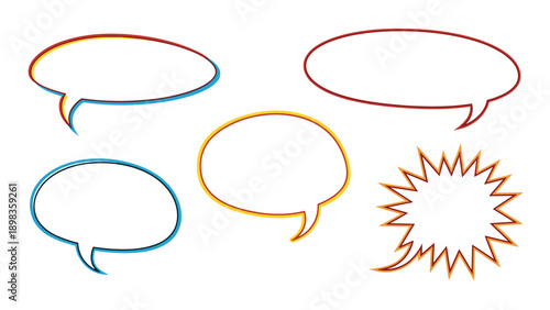 Group of five hand-drawn speech bubbles and comic bursts with colorful borders and sketchy outlines for creative dialogue.