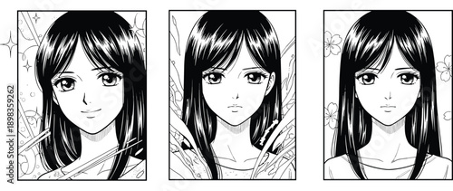 Black and white hand drawn 90s retro anime manga panels set featuring a beautiful young girl with expressive emotional faces (20 words)