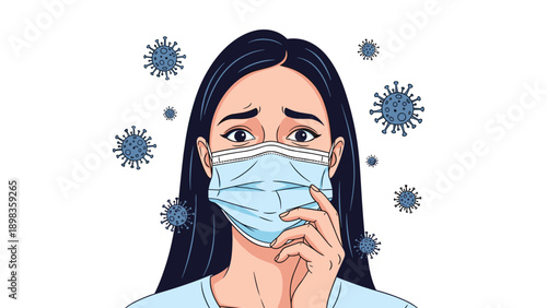 Concerned woman wearing a blue surgical face mask with floating coronavirus icons around her to represent health safety.