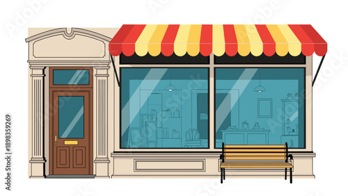 Front view of a small city shop or cafe with a colorful striped awning and a wooden bench sitting outside on the sidewalk.