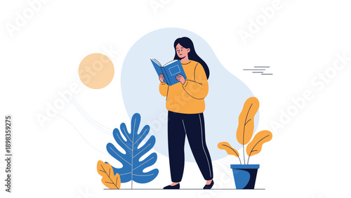 Young woman with long dark hair standing and reading a blue book in a minimalist setting with abstract plants and sun.