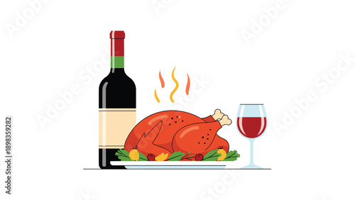Festive holiday meal featuring a roasted turkey on a platter with garnish, accompanied by a bottle of wine and a glass.