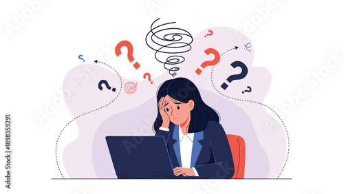 Stressed businesswoman sitting at her laptop in the office with messy thoughts and many question marks floating above her.
