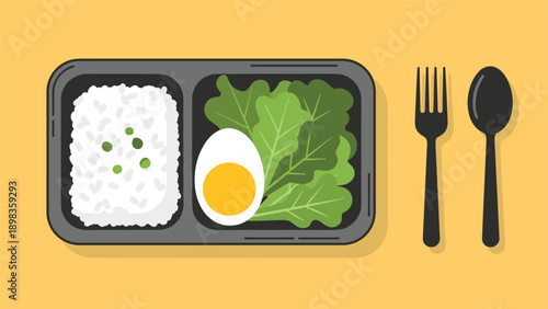 Healthy prepared bento lunch box with white rice, a boiled egg, and fresh green lettuce leaves served with a fork and spoon.