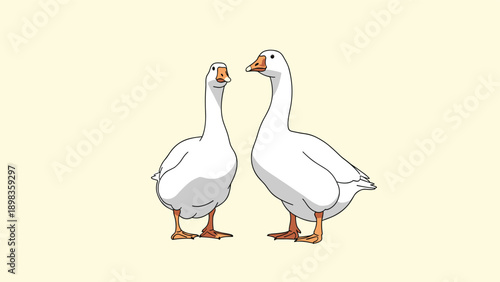 Two white domestic geese standing side by side in a clean and simple flat illustration against a pale yellow background.