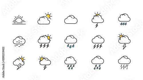 Collection of simple weather icons representing various conditions like sunny cloudy rainy thunder and lightning storms.