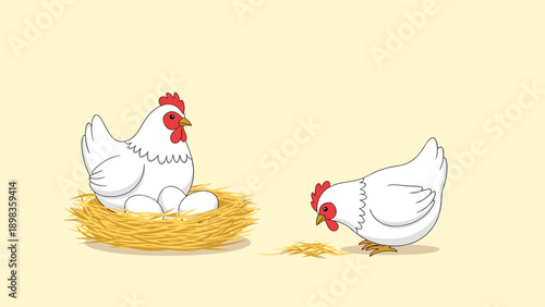 Two white farm chickens with red combs one sitting in a straw nest with eggs and another pecking for food on the ground.
