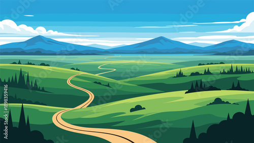 Beautiful pastoral landscape featuring rolling green hills a long winding road and majestic blue mountains in the distance.