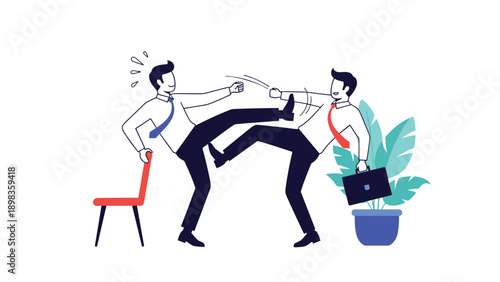 Two businessmen in professional attire engage in a comical kickboxing fight in a workplace setting with office furniture.