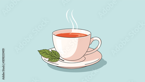 Hot cup of herbal tea sitting on a saucer with rising steam and fresh green mint leaves on a light blue pastel background.