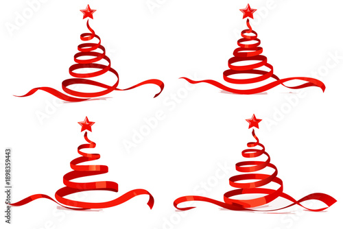 Set of four red ribbon Christmas tree designs with star topper on white background, elegant spiral shapes with soft shading. Concept for holiday greeting cards and festive branding.