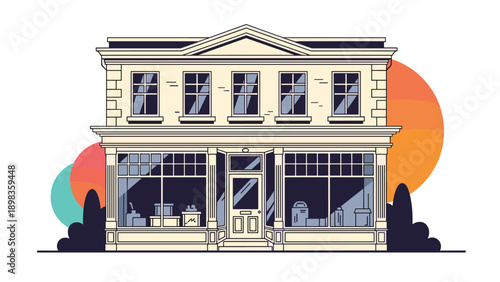 Charming two-story boutique shop front featuring large glass windows and elegant architecture against a sunset background.