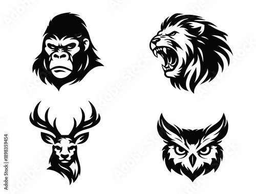 Black mascot animal head logo set featuring gorilla, roaring lion, deer with antlers and owl face, high contrast vector emblems on white. Concept of sports team identity and power.