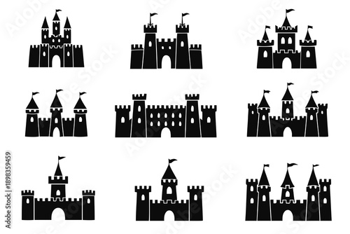 Black silhouette set of nine fairy tale castles and medieval fortresses with towers, gates, battlements, and flags. Perfect for fantasy games, storybooks, and royal themes.