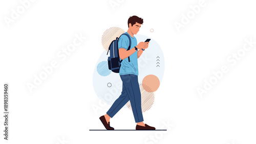 Young male student with a backpack walking while looking at his smartphone against a backdrop of abstract circular patterns.