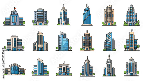 Comprehensive grid of various modern skyscraper and corporate building icons in a clean flat graphic design style.