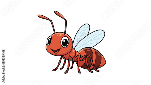 Cute and cheerful cartoon ant with large wings and a friendly smile shown in a side profile view on a white background.