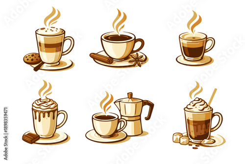 Warm coffee drink vector set with latte, cappuccino, espresso and mocha cups on saucers, topped with foam and whipped cream, plus cookie, spices and marshmallows. Cafe menu icons.