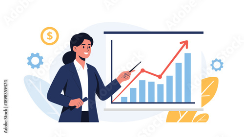 Successful businesswoman points to a business growth chart with rising bars and arrows to explain positive financial trends.