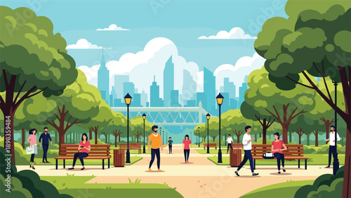 Vibrant city park landscape with people walking and sitting on benches near trees with a large metropolitan skyline behind.