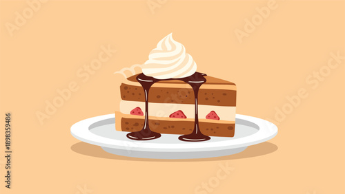 Appetizing slice of chocolate layer cake on a white plate drizzled with dark chocolate syrup and topped with whipped cream.