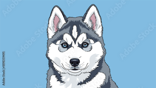 Detailed close-up portrait of a husky dog with striking blue eyes and grey and white fur against a bright blue background.